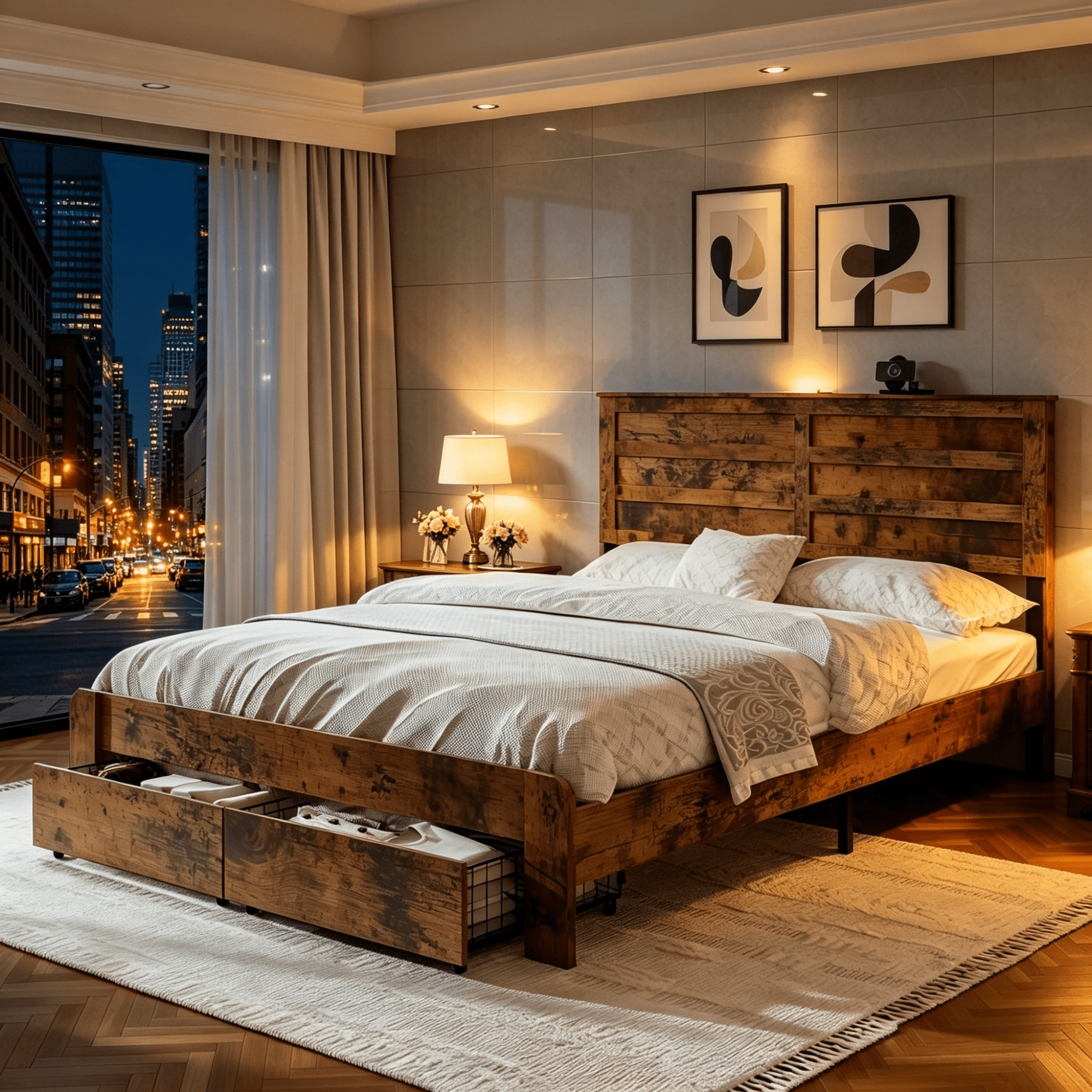 Gewnee Queen Size Bed Frame with 2 Storage Drawers & USB Ports – Wooden Platform Bed with Storage Headboard Charging Station,No Box Spring Needed,Dark Brown