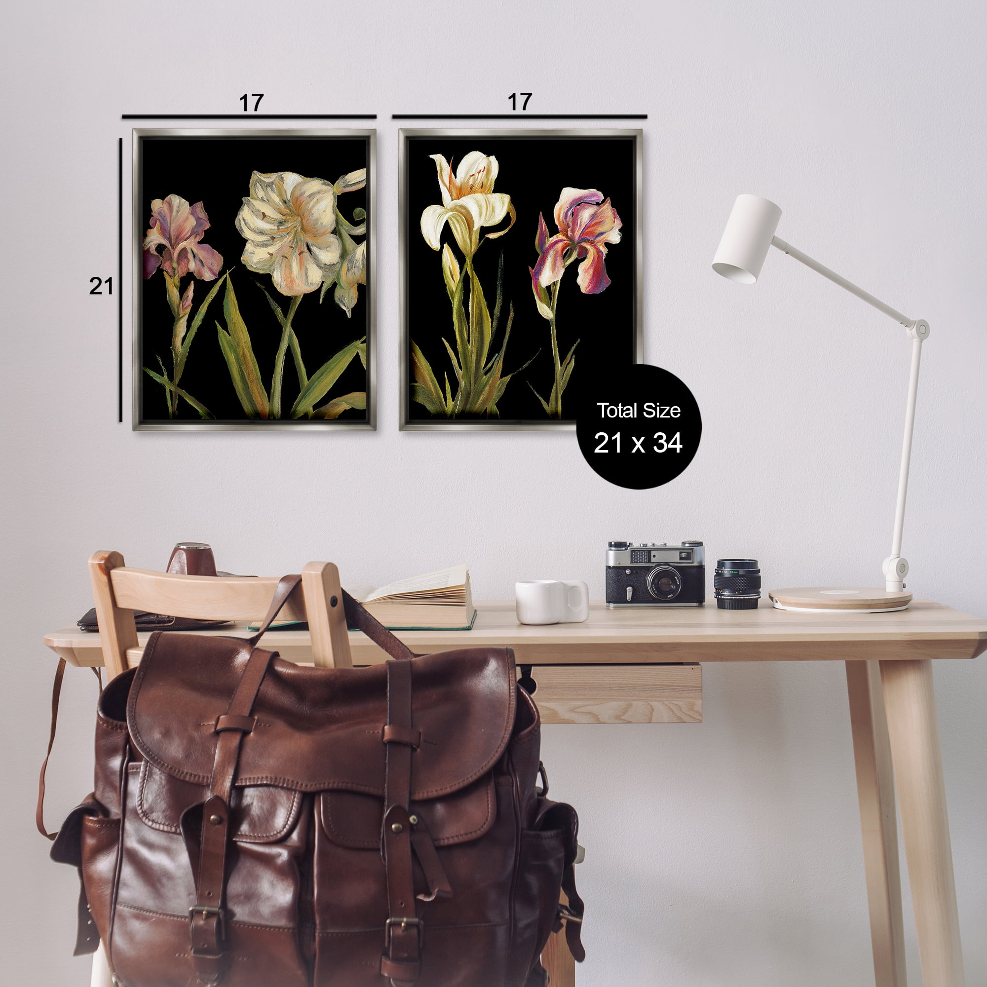 Stupell Industries Blooming Purple Iris White Lily Plants & Flowers Painting Gray Floater Framed Canvas Art Print Wall Art, 17 x 21, Set of 2