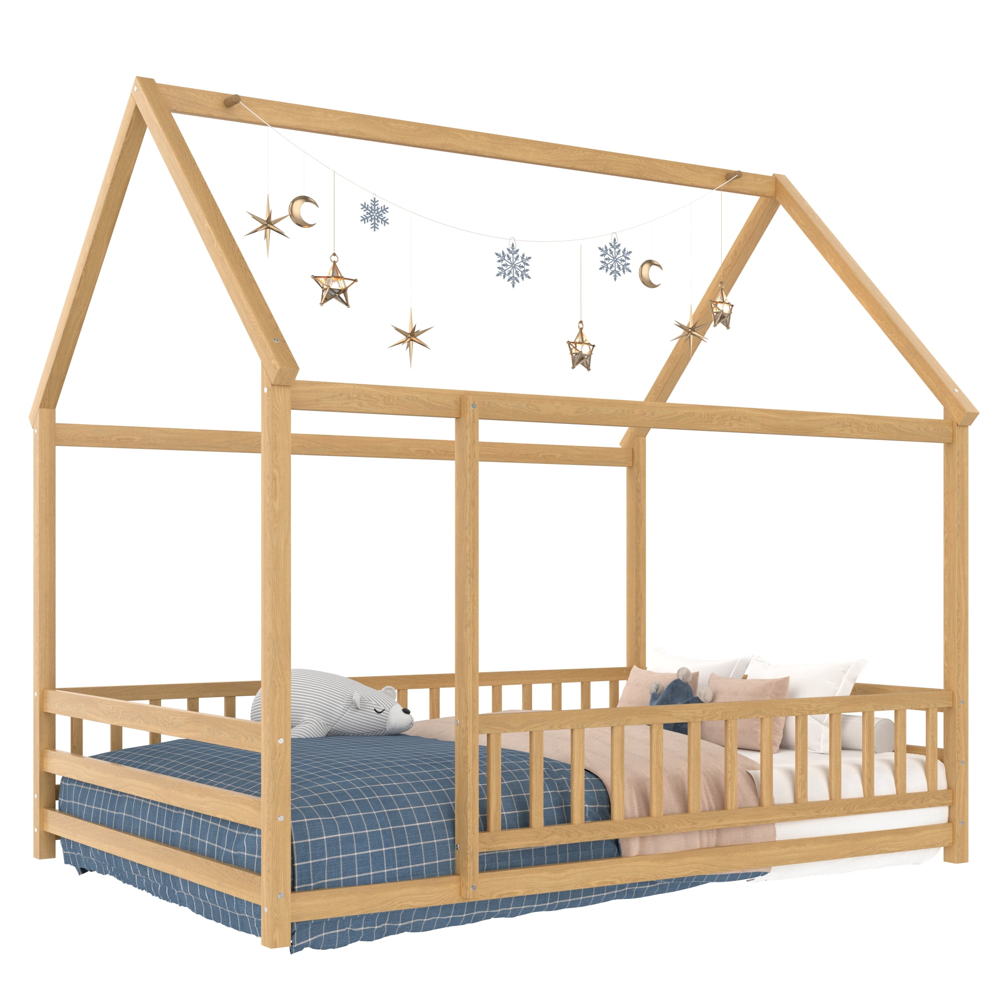 Leumius Full Size Floor Bed with House Roof Frame, Fence Guardrails Montessori Floor Bed for Boys Girls Natural