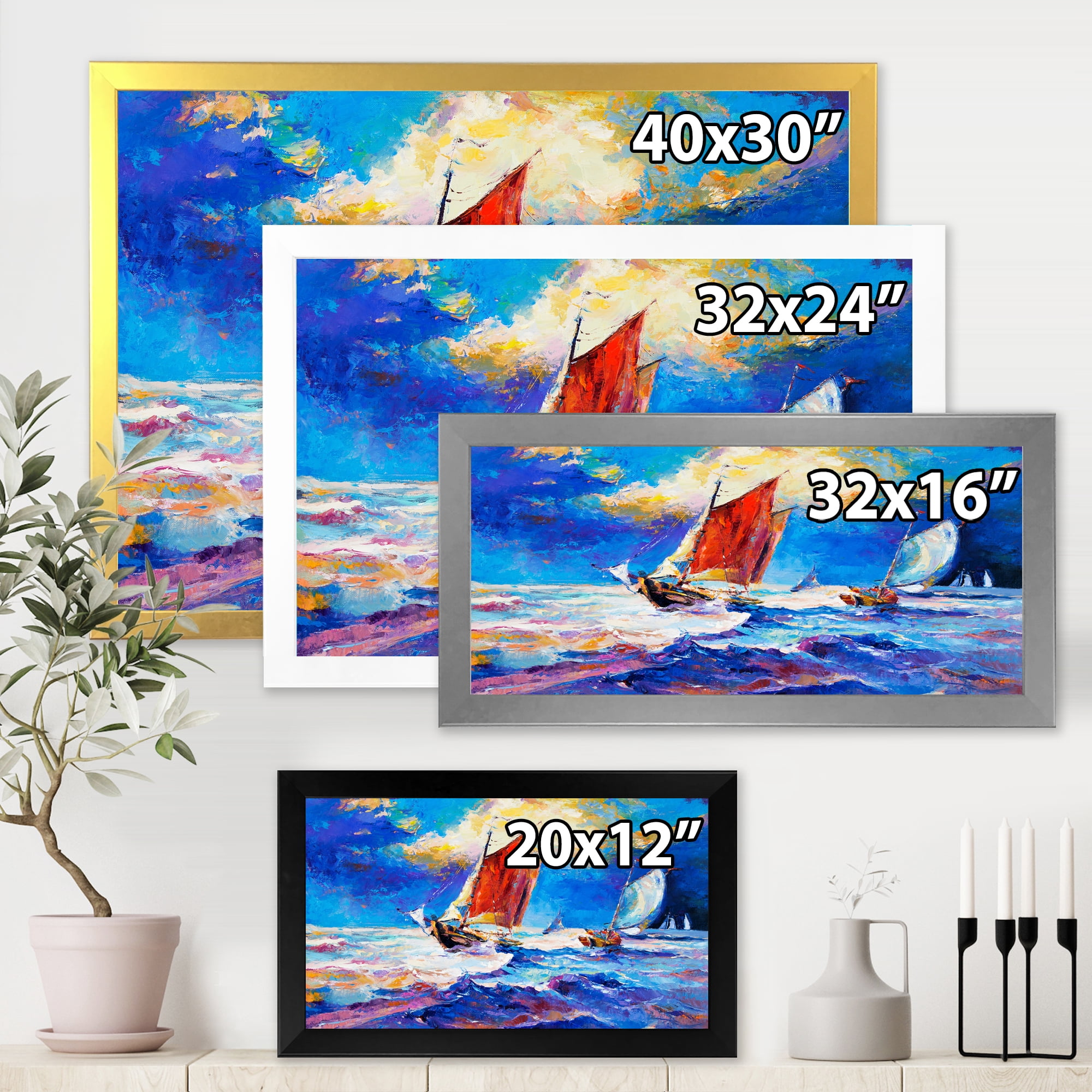 Sail ships On The Ocean Waves During Evening 32 in x 24 in Framed Painting Canvas Art Print, by Designart