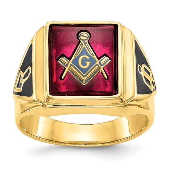 Real 14kt Yellow Gold Men's Synthetic Ruby Masonic Ring Size: 10; for Adults and Teens; for Women and Men