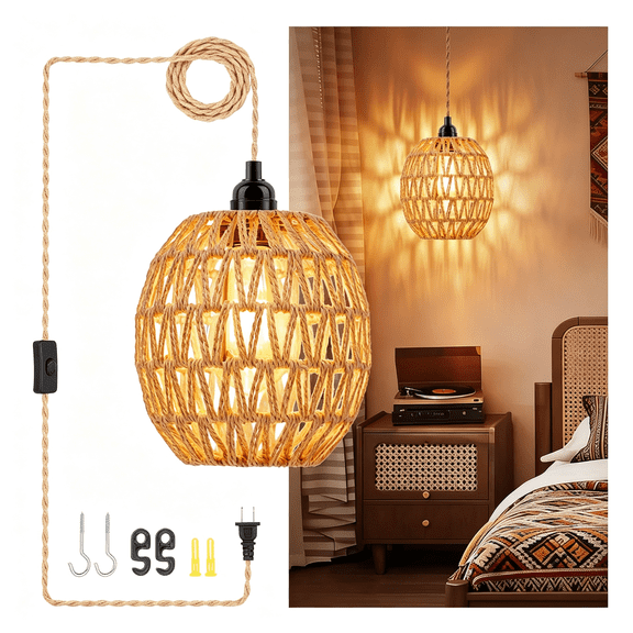 HIBIBUD Plug Pendant Light Rattan Hanging Lamp Hanging Lights Plug Cord 15Ft Pendant Light Fixture Wicker Lampshade Boho Lamps Bedroom Living Room Decor 1-Egg Lampshade
