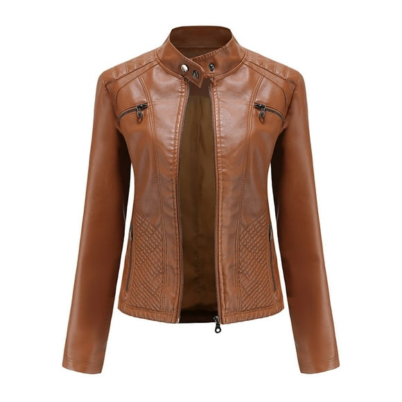 Drppepioner Women'S Slim Leather Stand Collar Zip Motorcycle Suit Belt Coat Jacket tops