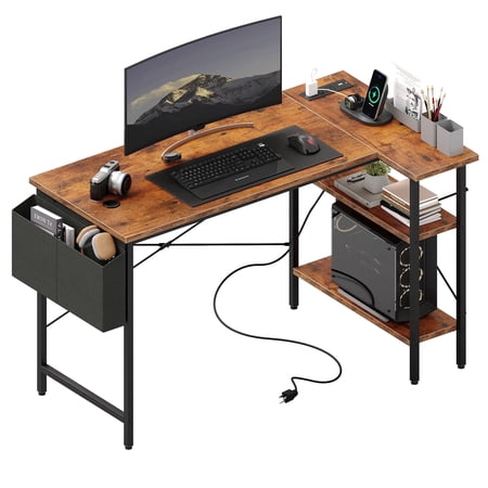 CONCETTA 39 inch Gaming Computer Desk with Power Outlet & LED Strip, Reversible Storage Shelves for Home Office, Rust