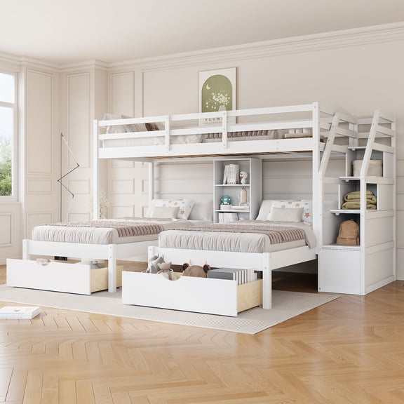 Twin over Twin&Twin Bunk Bed, Triple Bunk Bed with Drawers, Staircase with Storage, Built-in Shelves, White