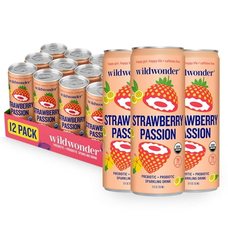 Wildwonder Strawberry Passion, Prebiotic   Probiotic Sparkling Drink, 12oz Cans (12-Pack)