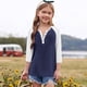 thumbnail image 3 of Cowsor Girl's Casual 3/4 Sleeve T Shirts Button V Neck Tunic Blouses Color Block Basic Tee Tops Loose Fit Summer Shirt, 3 of 6