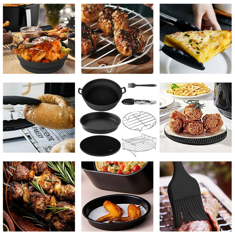 10 Pcs Air Fryer Accessories Set Food-grade Air Fryer Accessories with Cake Basket Pizza Pan Stainless Steel Skewer Rack Oil Brush and More Non-Stick