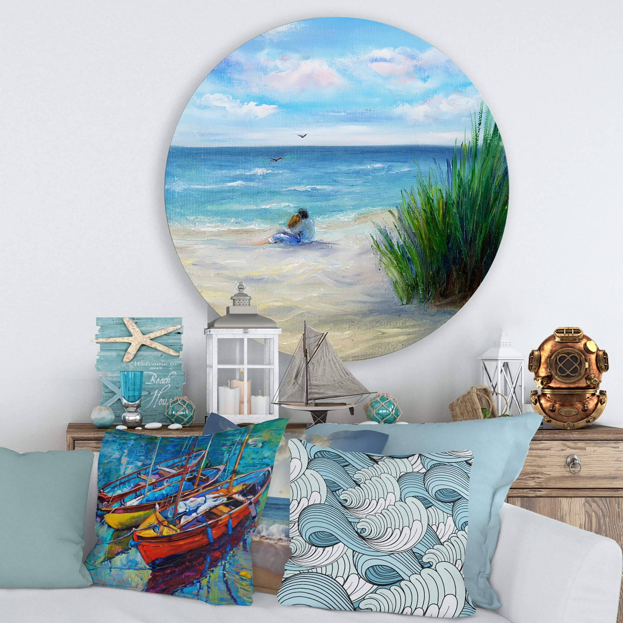 Designart 'Couple Sitting In Love By The Beach' Nautical & Coastal Circle Metal Wall Art 36x36 - Disc of 36