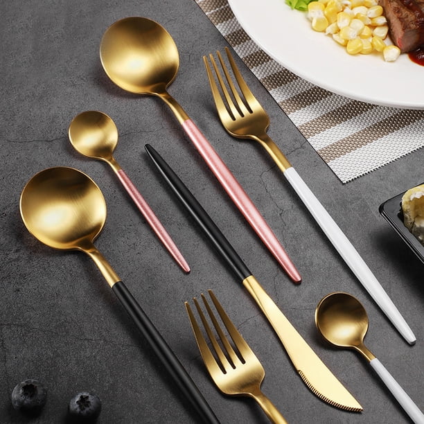 Juego de vajilla de acero inoxidable 304, cuchillo, tenedor y cuchara, cuatro piezas, cuchara chapada en oro, juego de carne negro y dorado
