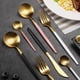 thumbnail image 1 of Juego de vajilla de acero inoxidable 304, cuchillo, tenedor y cuchara, cuatro piezas, cuchara chapada en oro, juego de carne negro y dorado, 1 of 2