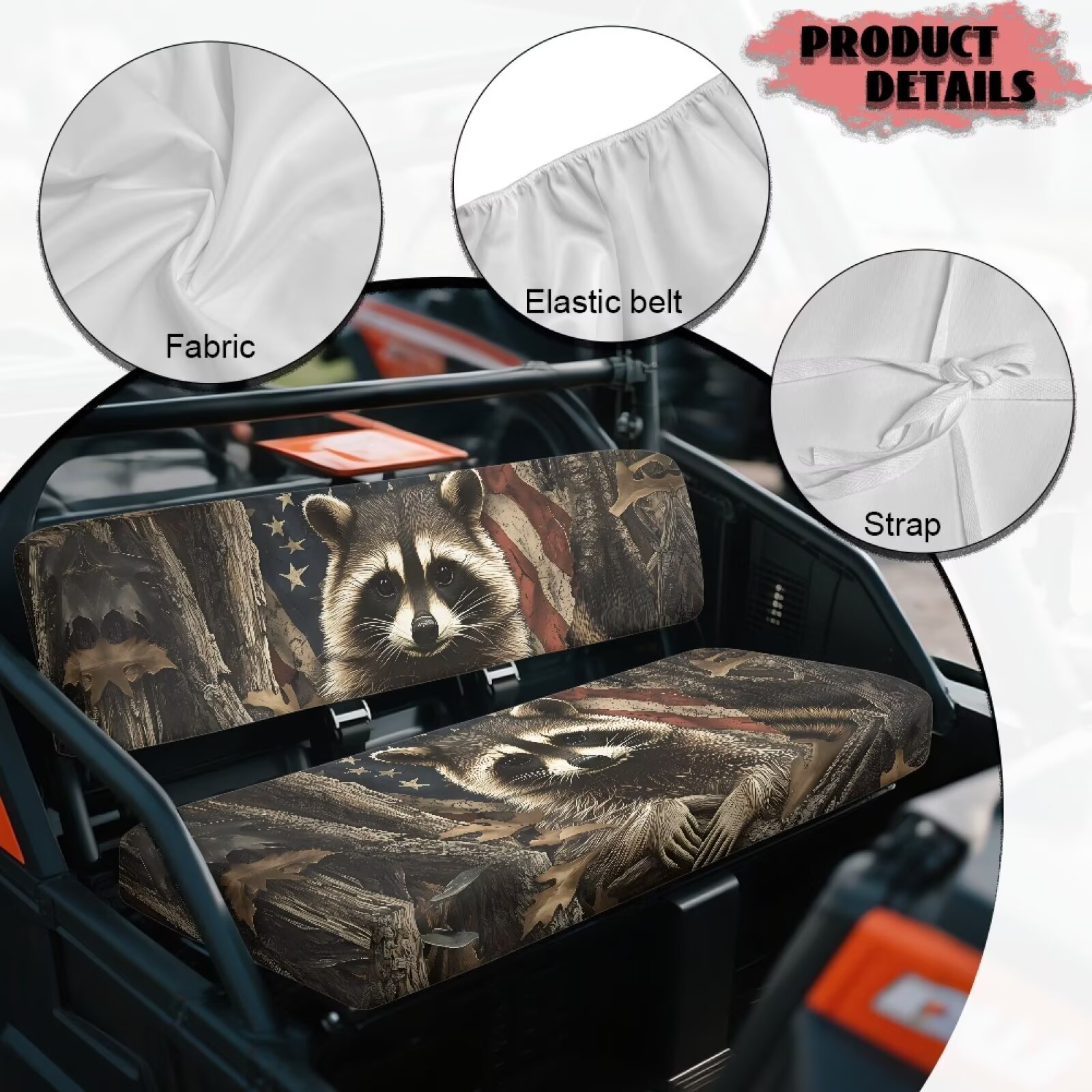 Uorisanigo UTV Seat Cover for Kawasaki Mule 4010 4x4 2009-2025, Non-Slip Mule Front Bench Seat Cover with Elastic Band, American Flag Camo Raccoon Hunter UTV Seats Accessories