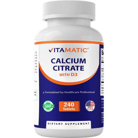Vitamatic Calcium Citrate with Vitamin D3 – 240 Tablets – High Absorption Calcium Citrate with D3 – Non-GMO, Gluten-Free