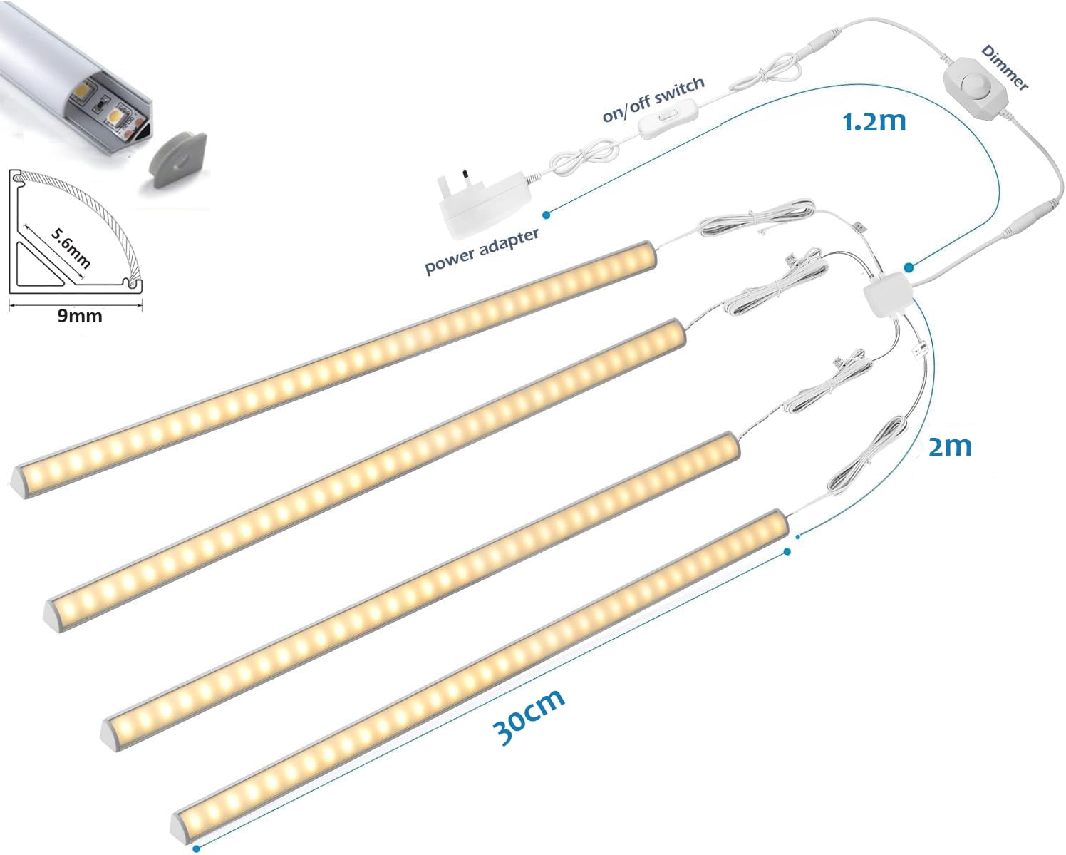 V-Shape Under Cabinet Lighting Kit - 4pcs 12" Dimmable Slim LED Light Bars for Showcase Shelf Seamless Illumination - 1200lm, 12W - Warm White 3000K
