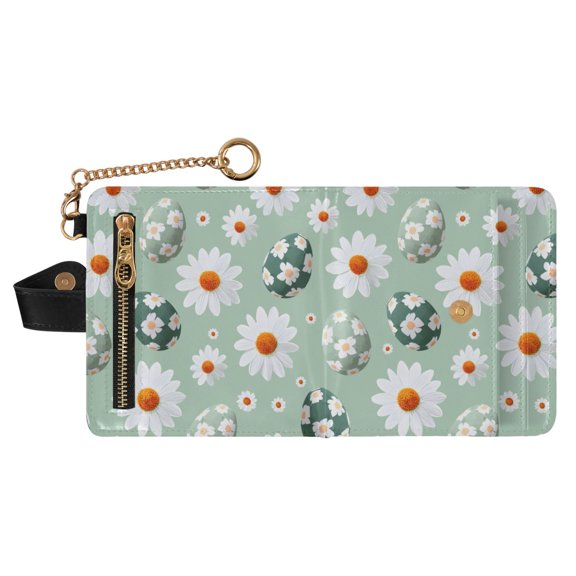 DIXRUYEE Green Chrysanthemum Egg Pattern Print RFID Blocking Womens PU Leather Wallet Small Foldable Card Holder Purse with Coin Zipper Pocket & Detachable Chain Wristlet