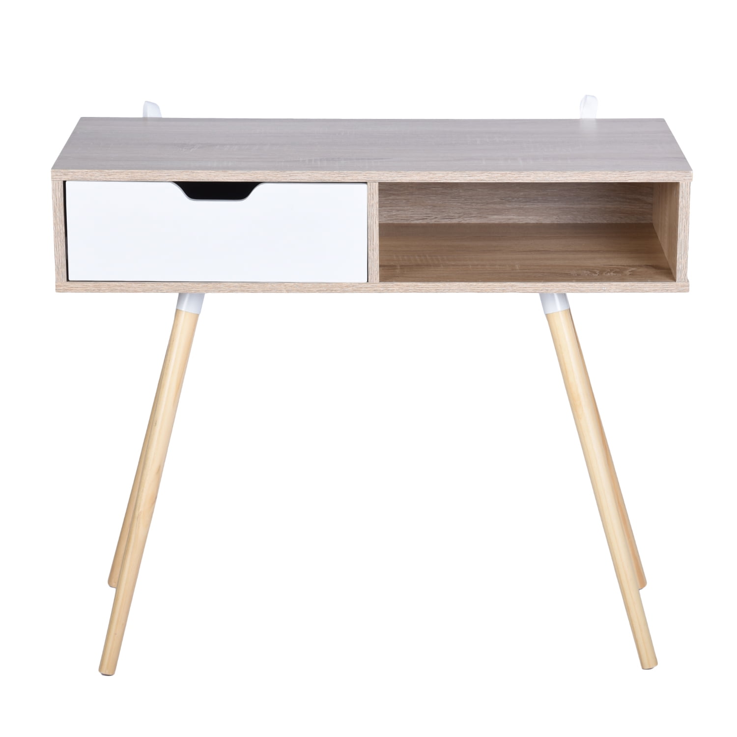 white and light wood desk