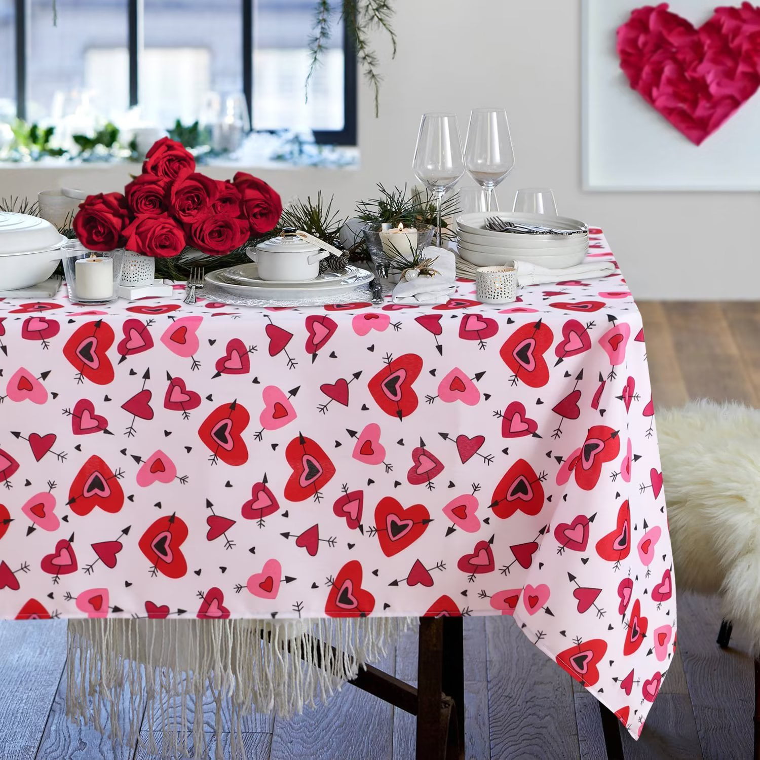 60 Round White & Red Valentine Print Vinyl Table Cloth