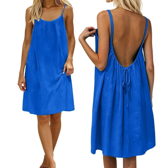 Bysome Women Dress Solid Color Sleeveless Crew Neck Open Back Dresses Summer Cozy Soft Women Dresses Size L Blue