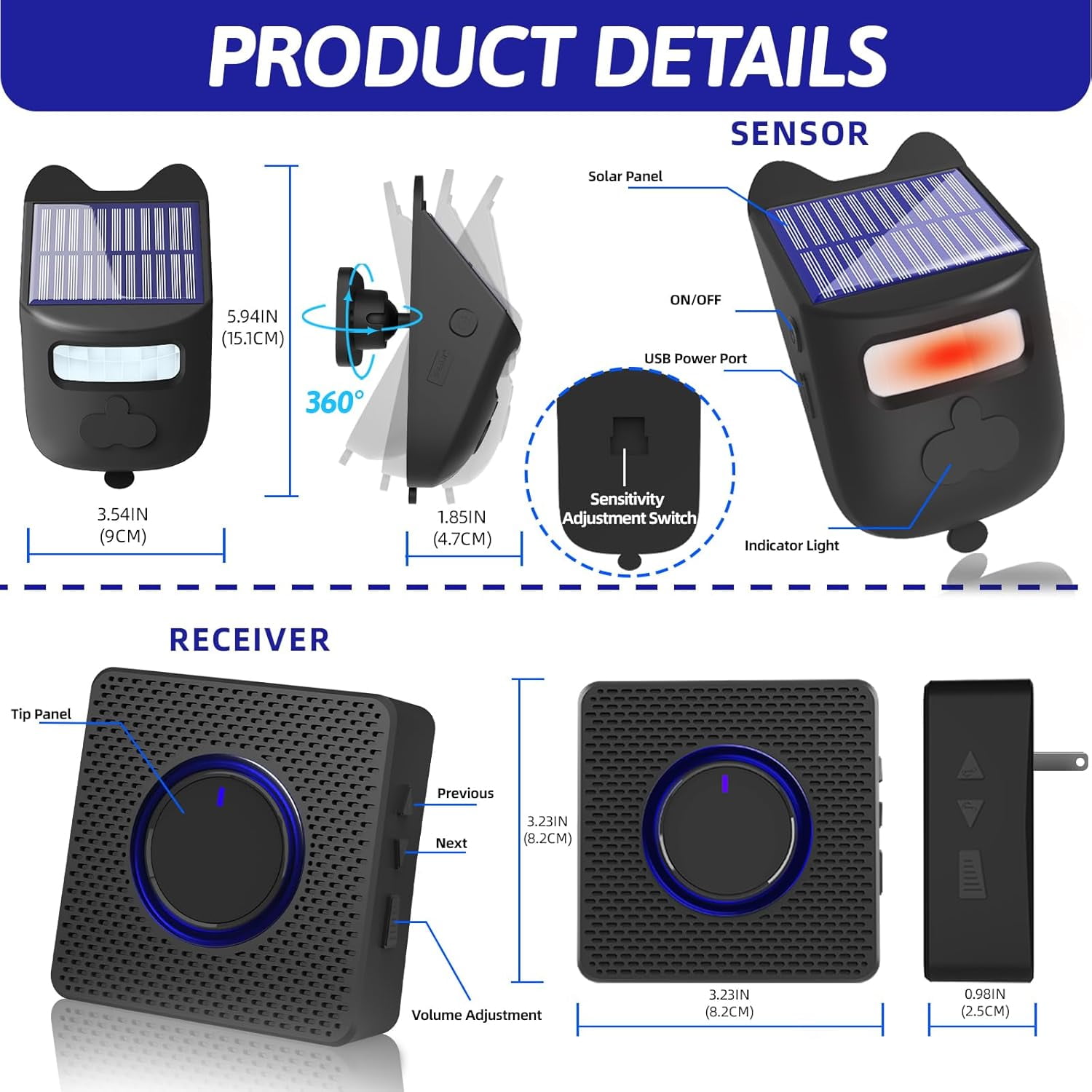 Black Wireless Driveway Alarm,700 ft Distance Outdoor Weather Resistant Motion Sensor Detector,Security Alert System-Monitor Protect Outdoor/Indoor Property(1 Receiver 1 Sensor)
