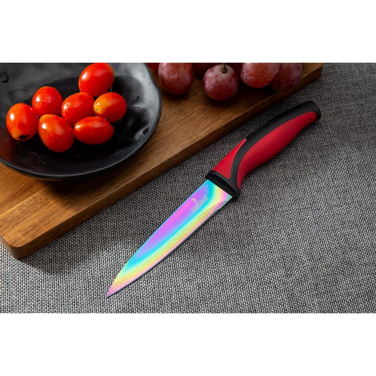 SiliSlick Kitchen Knife Set, Titanium Coated Stainless Steel Colorful Blades, Chef, Bread, Santoku Utility & Paring Knives, Magnetic Mounting Rack 