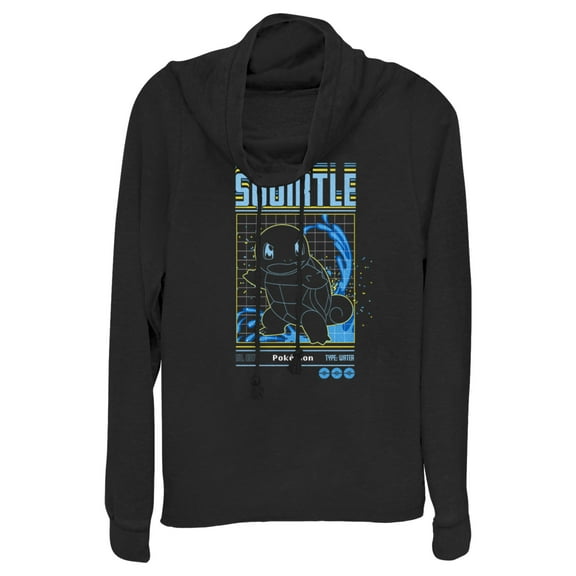 Junior's Pokemon Squirtle Retro Grid  Cowl Neck Sweatshirt Black X Large