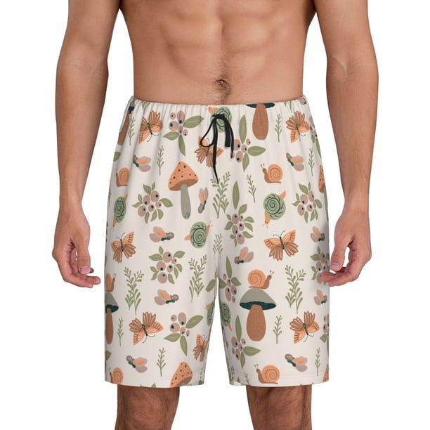 Balery Forest Mushrooms Insects Pantalones cortos de pijama de punto de algodón para hombre con cinturilla y bolsillos-3X-Large