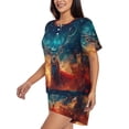 thumbnail image 2 of Daiia Celestial Stag Cosmic Glow Pattern Womens Pajama Sets Short Sleeve Pajamas for Women Sets Soft Lounge Sets Casual Round Neck Sleepwear PJS-Small, 2 of 7