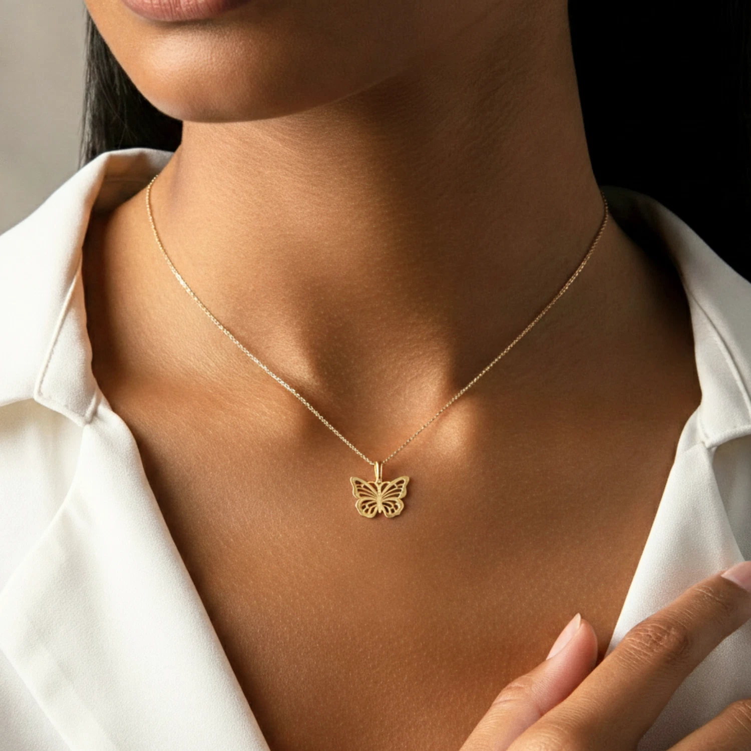 Tilo Jewelry 14K Yellow Gold Butterfly Openwork Pendant Charm Necklace for Women & Unisex | 18 Inch Cable Chain