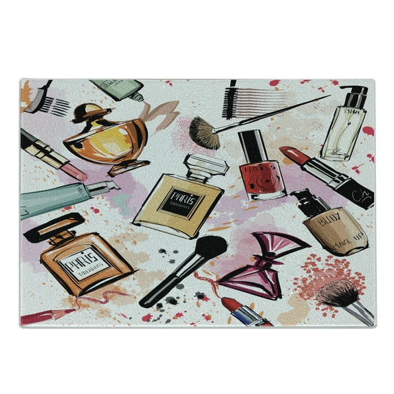 Fashion Cutting Board, Cosmetic and Makeup Theme Pattern Perfume Lipstick Nail Polish Brush Modern, Decorative Tempered Glass Cutting and Serving Board, Small Size, Multicolor, by Ambesonne