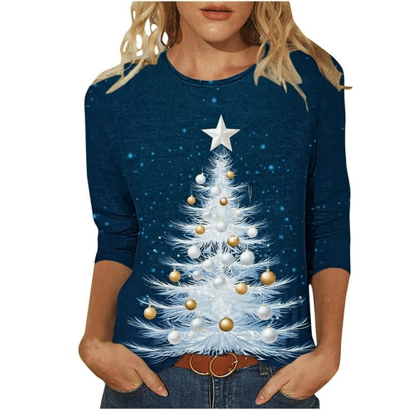 fheaev Ugly Christmas Shirts Women Crewneck 3/4 Sleeve Christmas Sweater Xmas Tree Party Pullover Blouse Top Winter Family Holiday Outfits