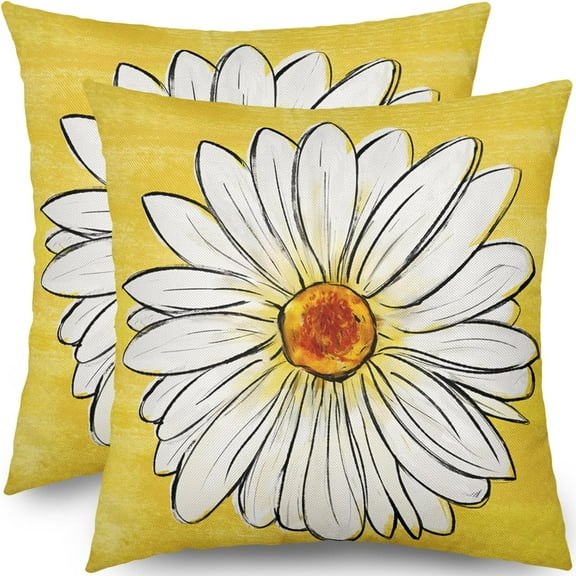 Spring Daisy Pillow Covers 18x18 Set of 2 Cute Floral Yellow Summer Outdoor Decorative Throw Pillows Farmhouse Flower Pillowcases Linen Cushion Case Decor for Home Sofa Couch Bed