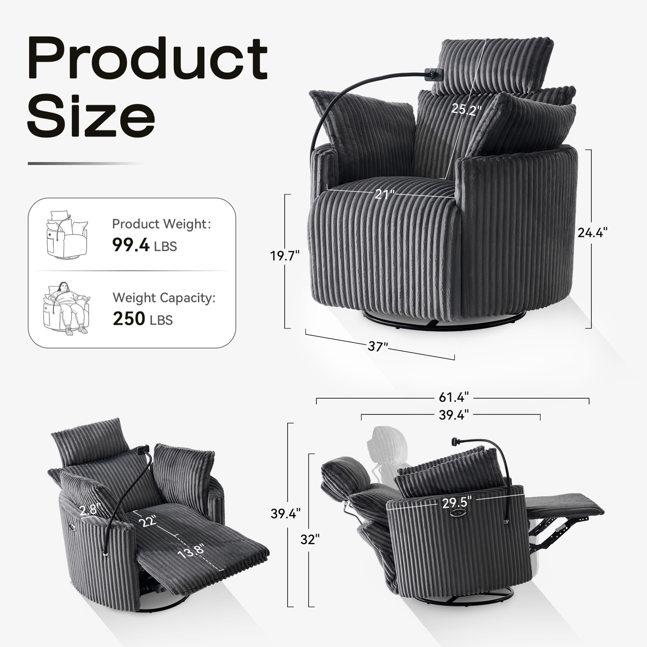 Noble House Sigrid 210° Swivel Rocking Recliner Chair, Electric Power Adjustable Corduroy Armchair with USB, Gray