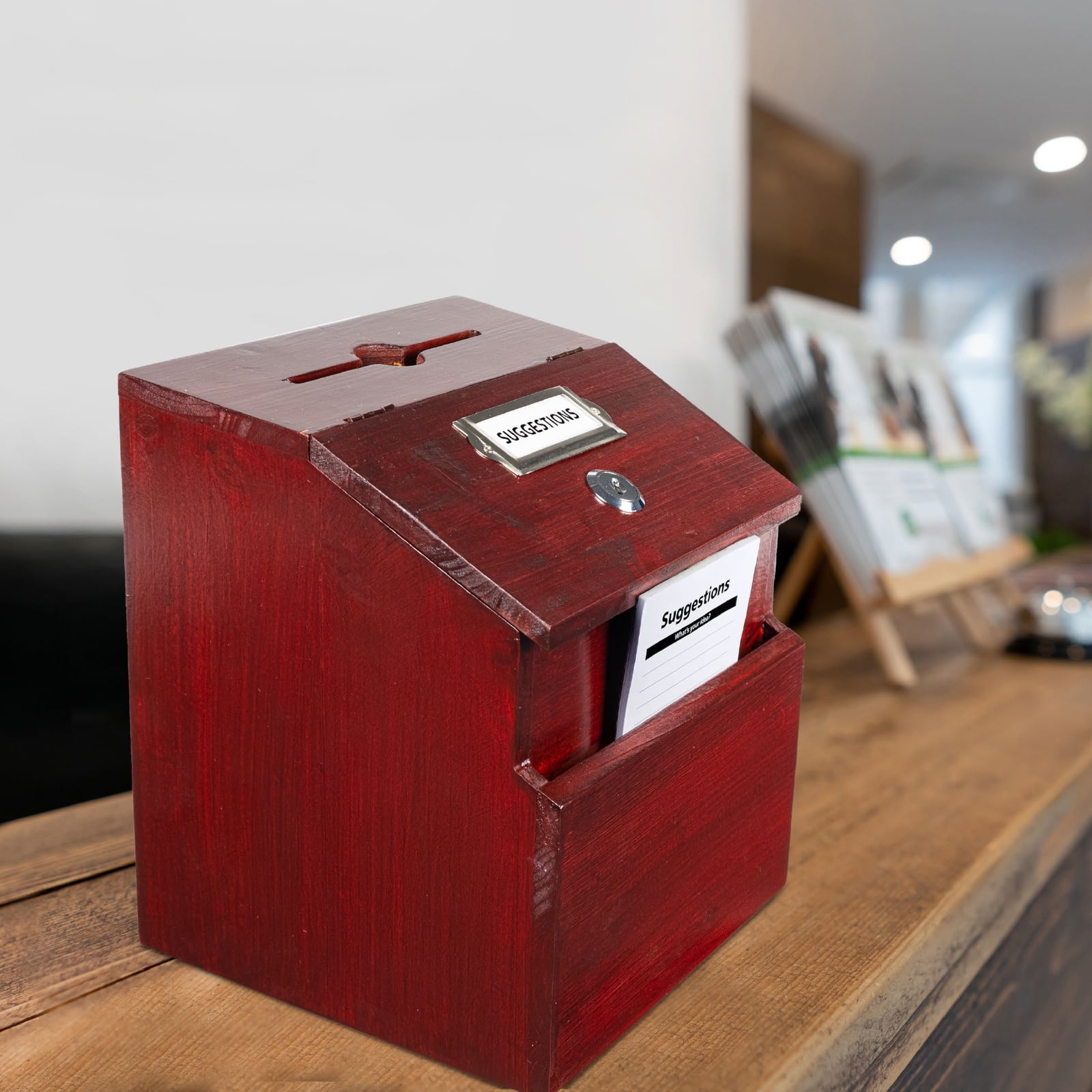 Excello Global Products Red Mahogany Suggestion Box with Lock: Wooden Ballot Comment Box, Wall Mounted or Freestanding. Includes Printed Labels & Suggestion Pads Cards - EGP-HD-0290
