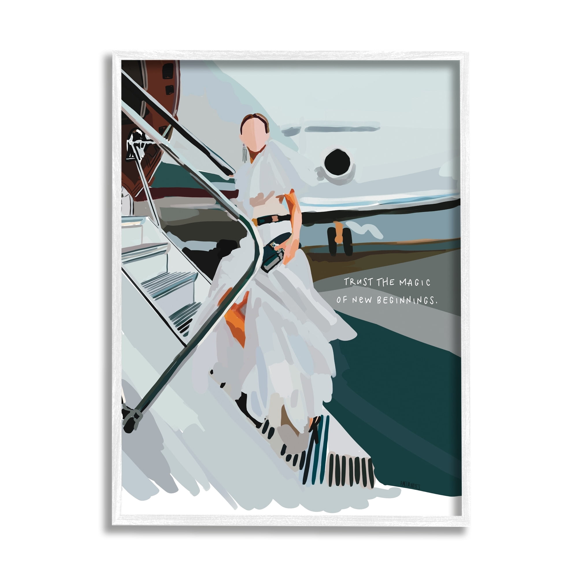 Stupell Industries Magic of New Beginnings Uplifting Woman Boarding Airplane Graphic Art White Framed Art Print Wall Art, Design by Amelia Noyes