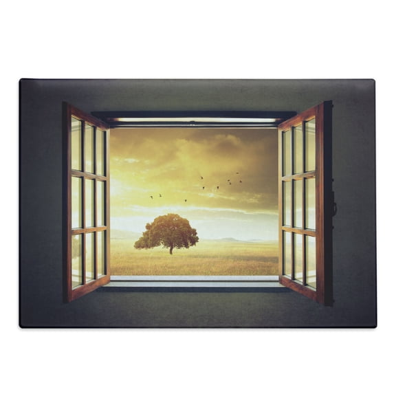 Spring Cutting Board, Looking out an Open Window to a Sunny Spring Birds Countryside Landscape, Decorative Tempered Glass Cutting and Serving Board, Large Size, Grey Marigold Brown, by Ambesonne