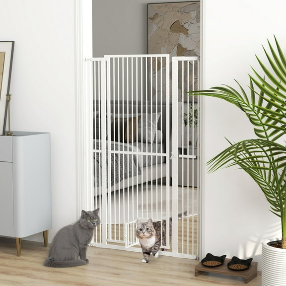 PawHut 59" Extra Tall Pet Gate for Cats, 30"-41" Dog Gate with Cat Door, 1.4" Narrow Gap, 2.8" and 5.5" Extension, for Doorway, Hallway, Stairway