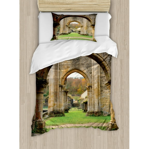 Antique Duvet Cover Set, Autumn View on the Ruins of Famous Medieval Century in Belgium, Decorative 2 Piece Bedding Set with 1 Pillow Shams, Twin Size, Sand Brown and Green, by Ambesonne