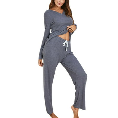 

Women s Pajama Sets Long Sleeve V Neck Top and Pants Two Piece Loungewear Casual Loose Solid Sleepwear Nightwear