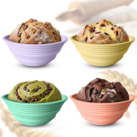 4 Pcs 9 Inch Silicone Banneton Bread Sourdough Proofing Baskets，round Foldable Non-Stick Dough Proofing Bowl Containers，Oven Dishwasher Safe Baking Supplies BPA Free for Bakers Bread Making