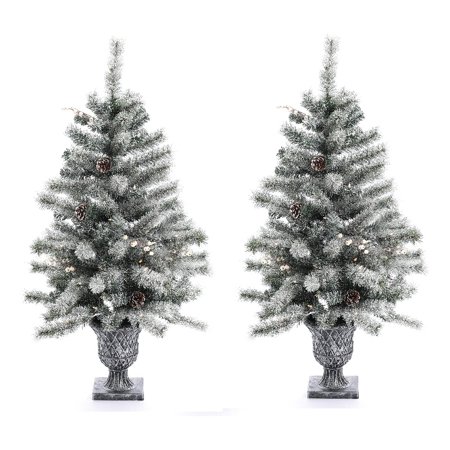 LuxenHome Set of 2 4Ft Pre-Lit LED Artificial Pine Christmas Tree with Urn Pot