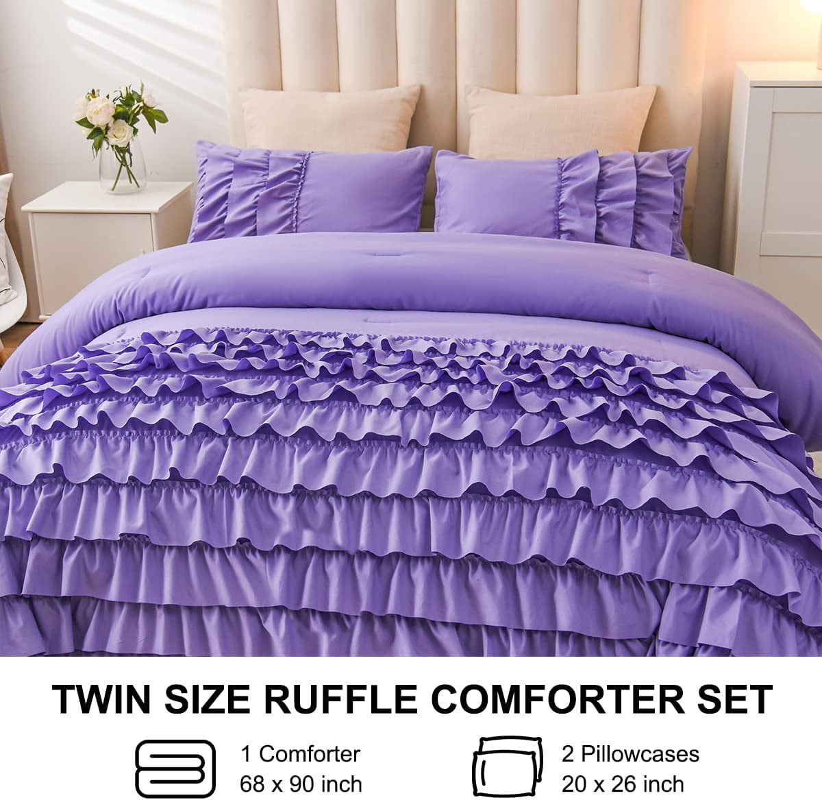 NTBED Purple Ruffle Comforter Set Twin Size Multi-Layers Ruffled Shabby Chic Bedding Set for Girls Women