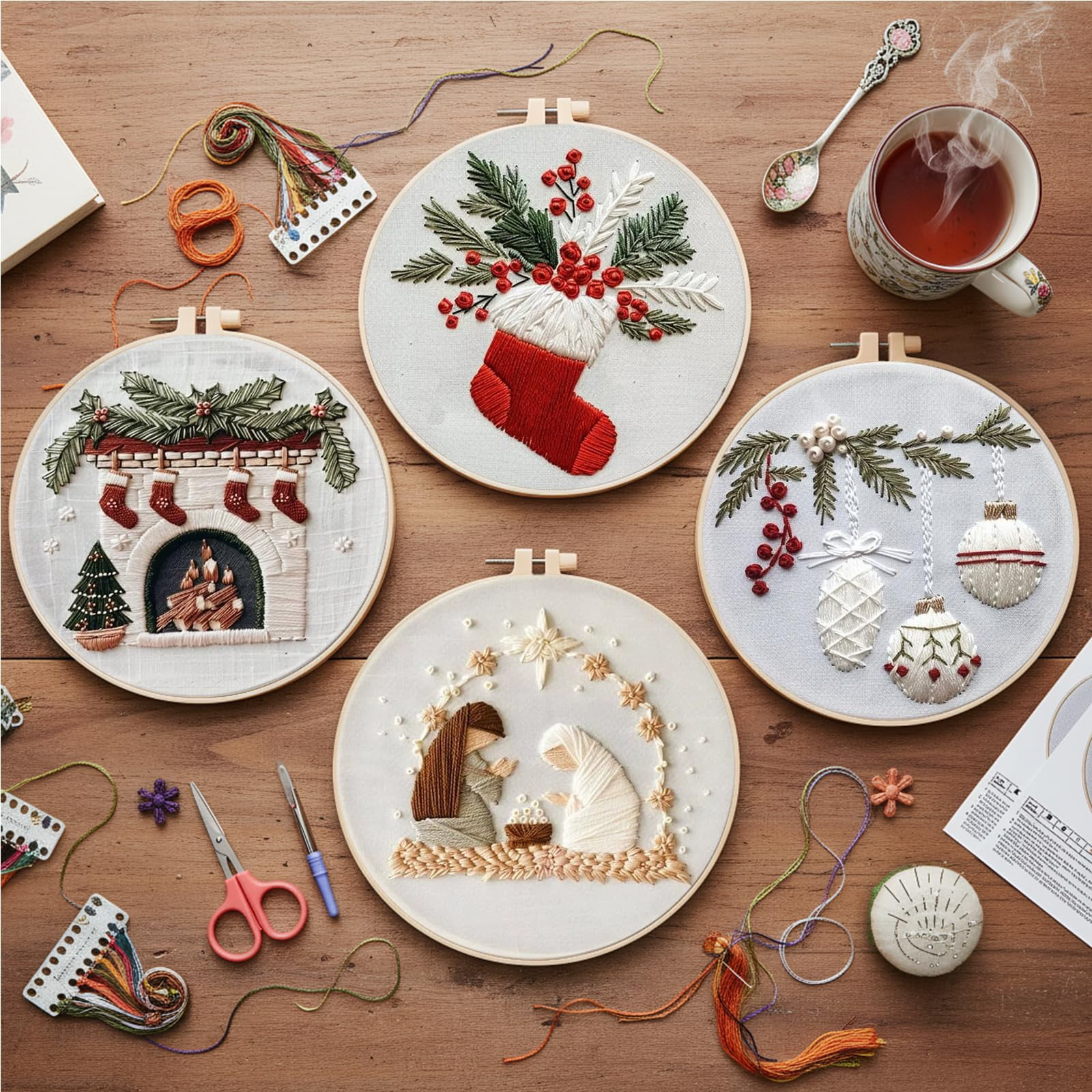 a QSTNOLOGY 4 Sets Christmas Embroidery Kits for Adults, Embroidery Kit for Beginners, Cross Stitch Kits for Beginners with Pattern, Needles, Threads, Tools (Holly+Holiday+Gnome+Nativity Manger)