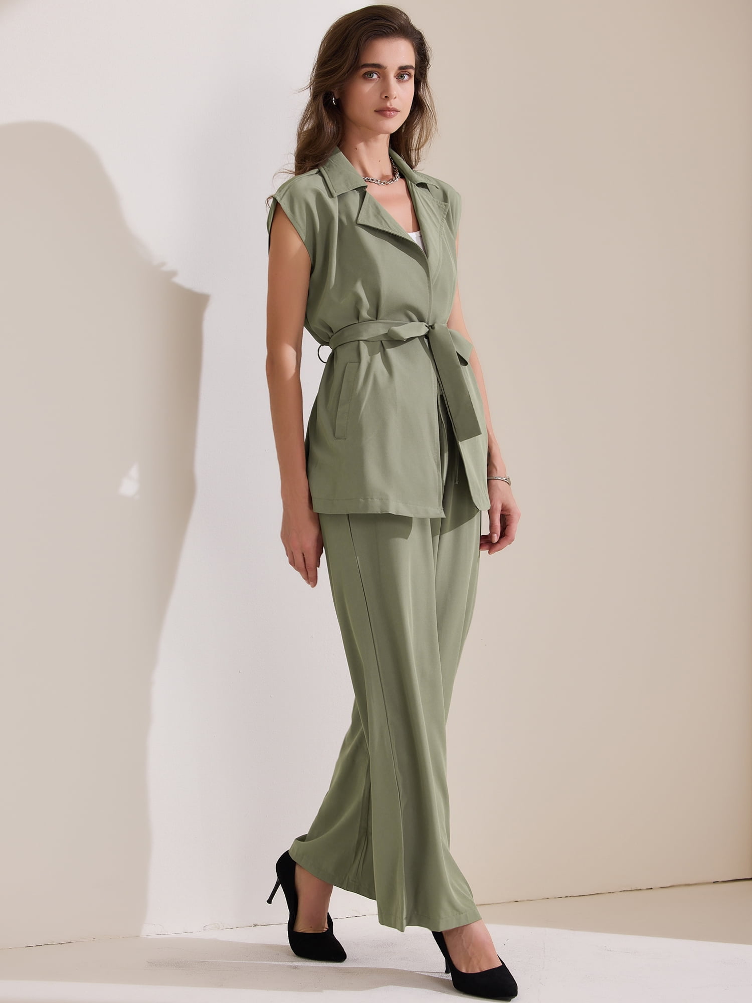 DARING DIVA Women's 2 Pcs Sleeveless Vest Wide Leg Pants L Army Green