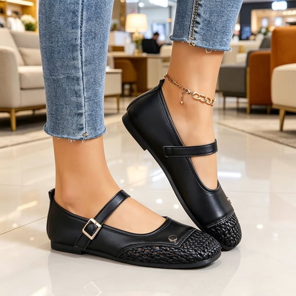 HTHLVMD Women's Mary Jane Flats Casual, Woven Toe Cap Women's Shoes, Square Toe Ankle Strap Flats, Woven Mary Jane Flats for Women With Memory Foam Insole, Comfortable Mesh Ballet Flats, Black 5.5
