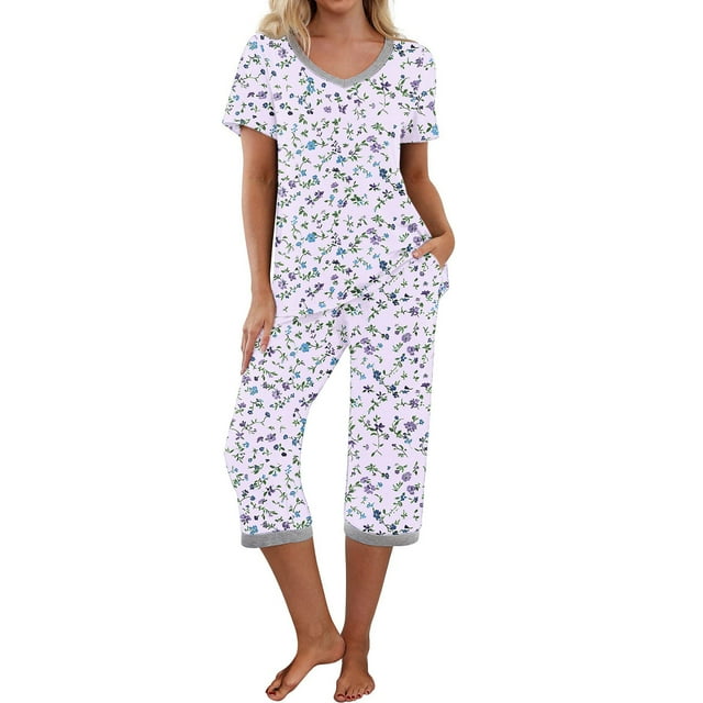 Puntoco Conjunto de pijama cómodo para mujer Conjunto de pijama y pantalón de manga corta con cuello en V para mujer Conjunto de pijama informal con bolsillos
