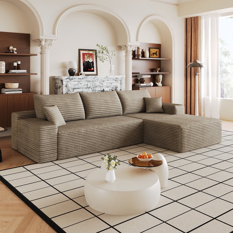 107" Cloud Sectional Sofa with Right Facing Chaise, Modern Modular Deep Seat Couch, Plush Corduroy Upholstered Sofa for Living Room, Bedroom & Apartment, No Assembly Required