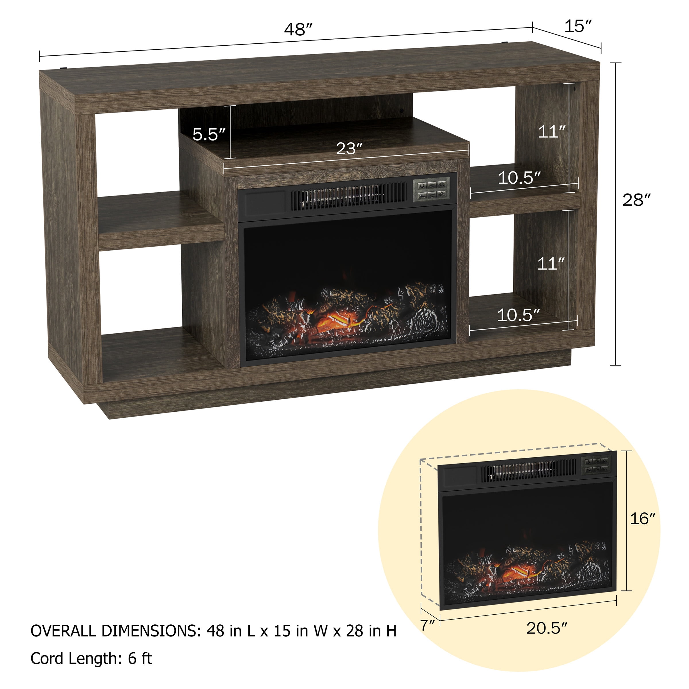 Electric Fireplace TV Stand- For TVs up to 48" Console, Media Shelves, Remote Control, LED Flames by Northwest