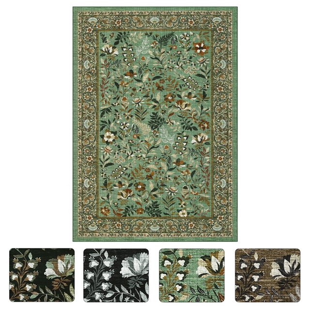 9x12FT Washable Area Rug – Botanical Floral Pattern – Thin, Non-Slip, Mark-Resistant Farmhouse Accent Rug for Living Room, Bedroom, Dining Room – Light Green