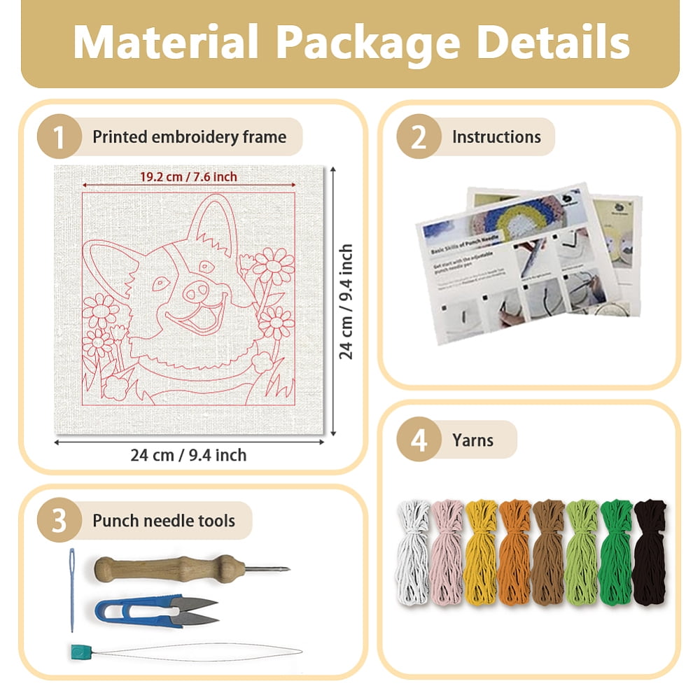 Polyester Cotton Punch Needle 4Folded Yarns Embroidery Kits Included Threader Cotton Thread Punch Needle Thread Clips 3.5MM Wooden Needle Dog