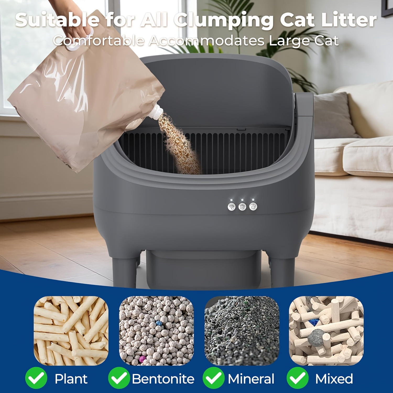 Self Cleaning Litter Box, Automatic Cat Litter Box-APP Control, Open-Design Electric Litter Box, Safety Anti-Pinch, Odor-Free Waste Disposal Includes Trash Bags, Suitable for Multiple Cats, Grey